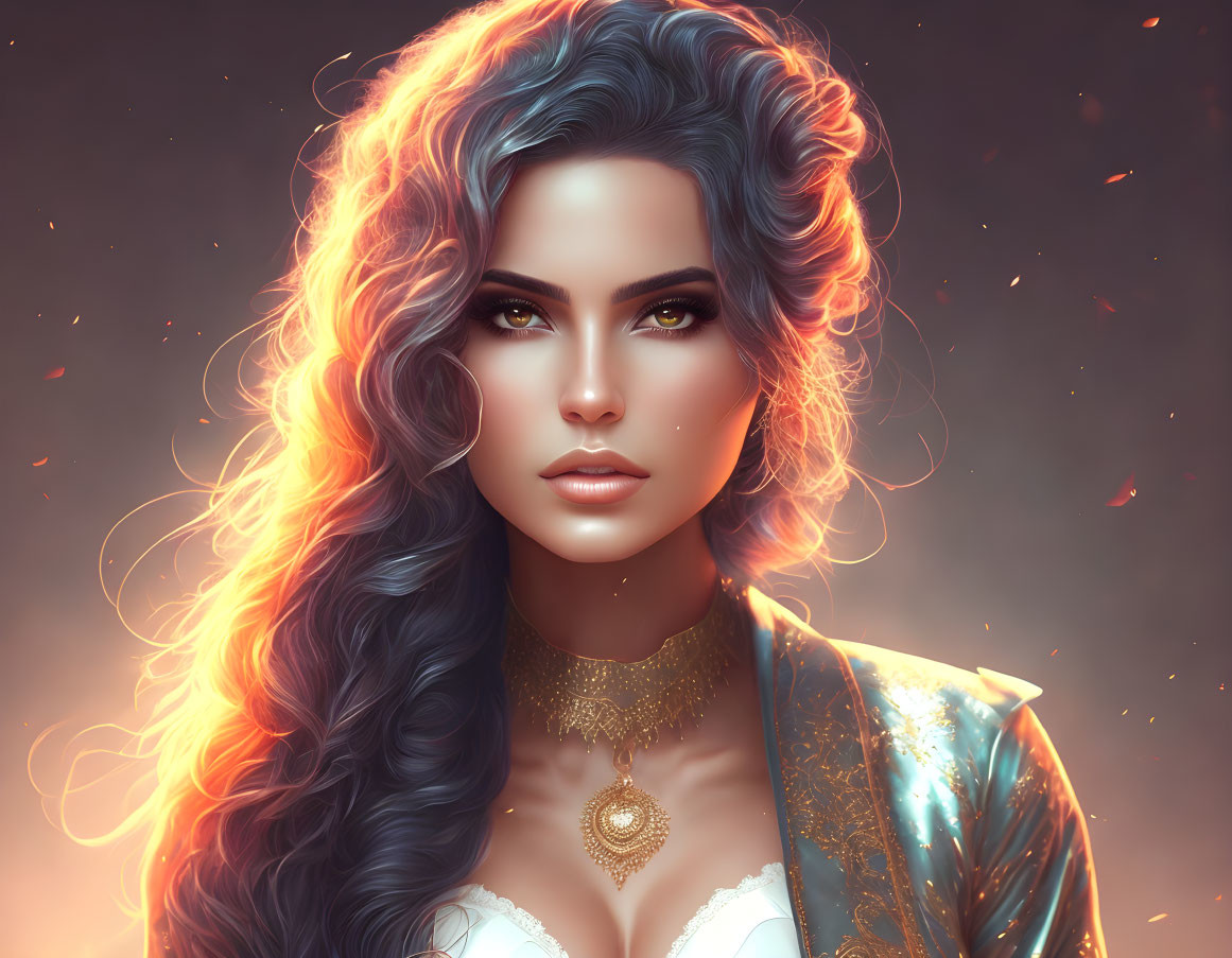 Portrait of woman with blue to orange gradient hair, intense gaze, golden choker, ornate attire