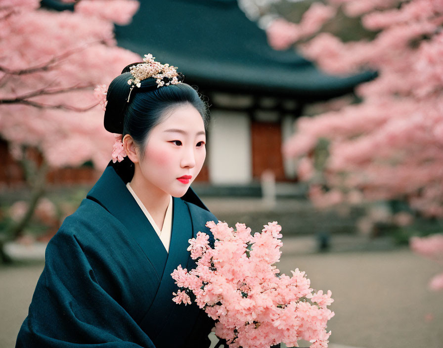 Traditional Japanese woman with elaborate hairstyle near blooming cherry blossoms and serene temple