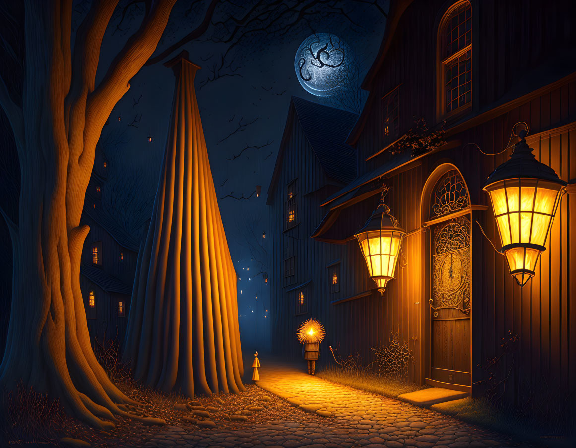 Moonlit cobblestone street with lanterns and cloaked figure