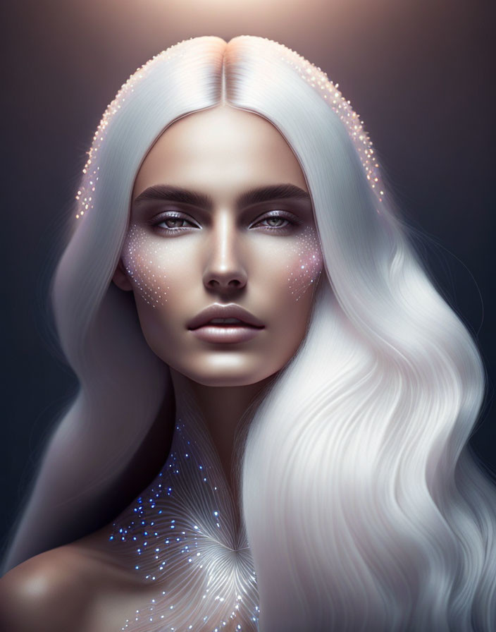 Digital artwork: Luminescent person with white hair and sparkling adornments on dark background