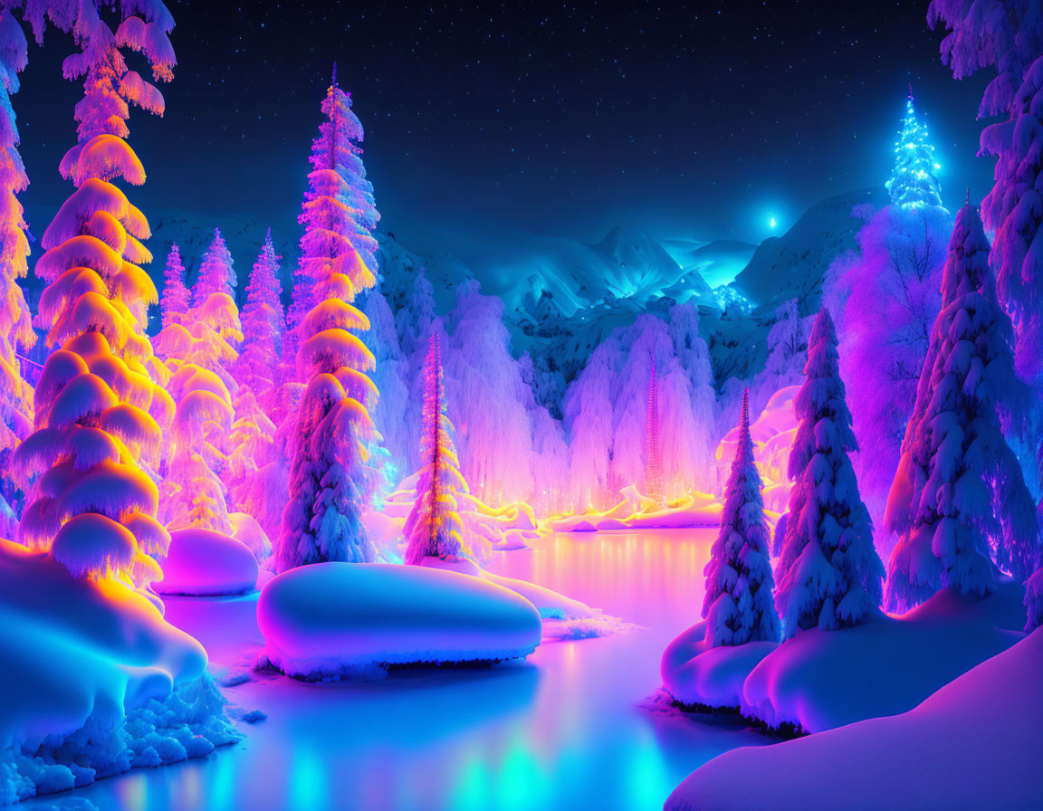 Colorful Winter Night Scene with Snow-Covered Trees, Frozen River, and Mountains