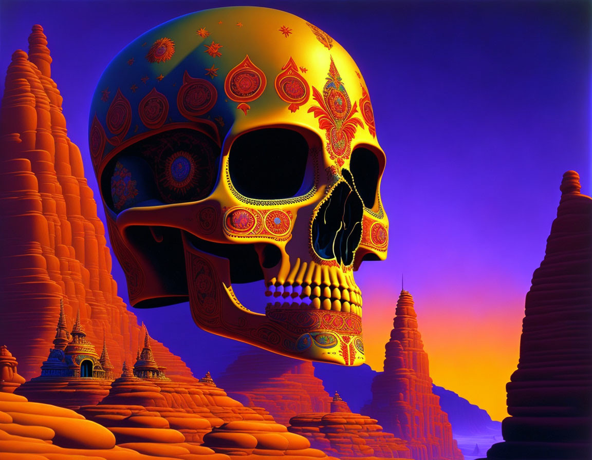 Colorful ornate skull in surreal desert landscape.