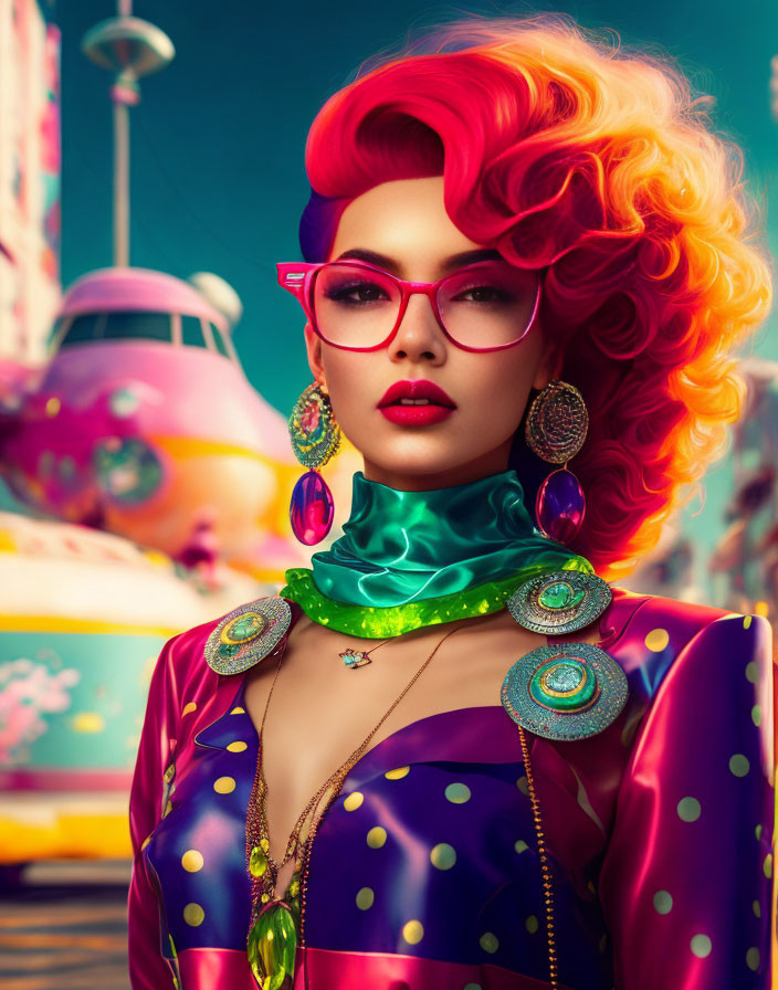 Colorful retro-futuristic portrait of a woman with rainbow hair and bold makeup.