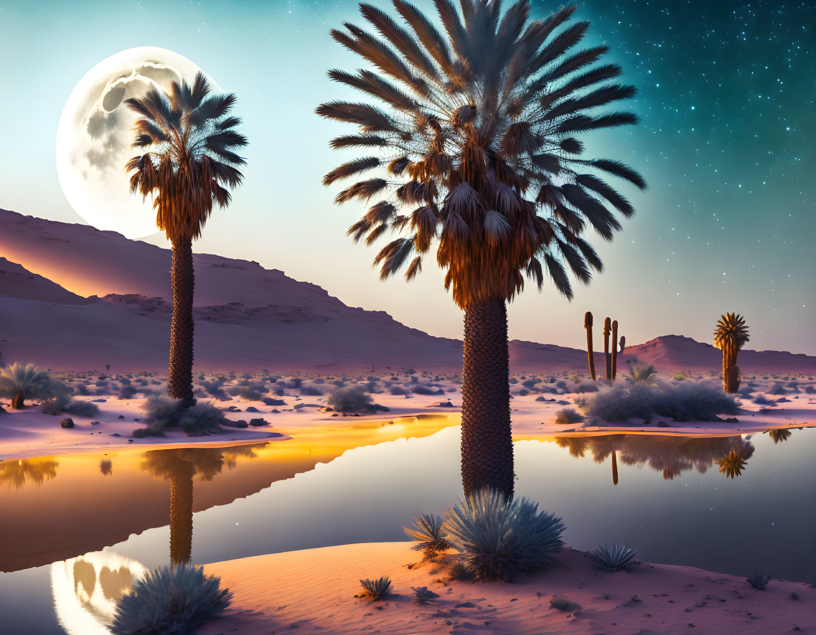 Night desert oasis with palm trees, full moon, water reflections