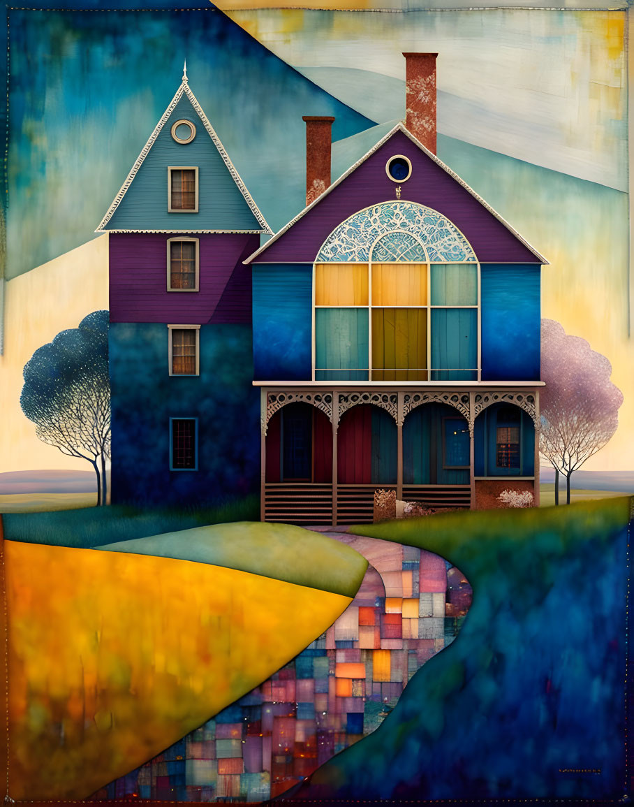 Vibrant painting of Victorian house with blue tower, trees, patchwork landscape, and geometric sky