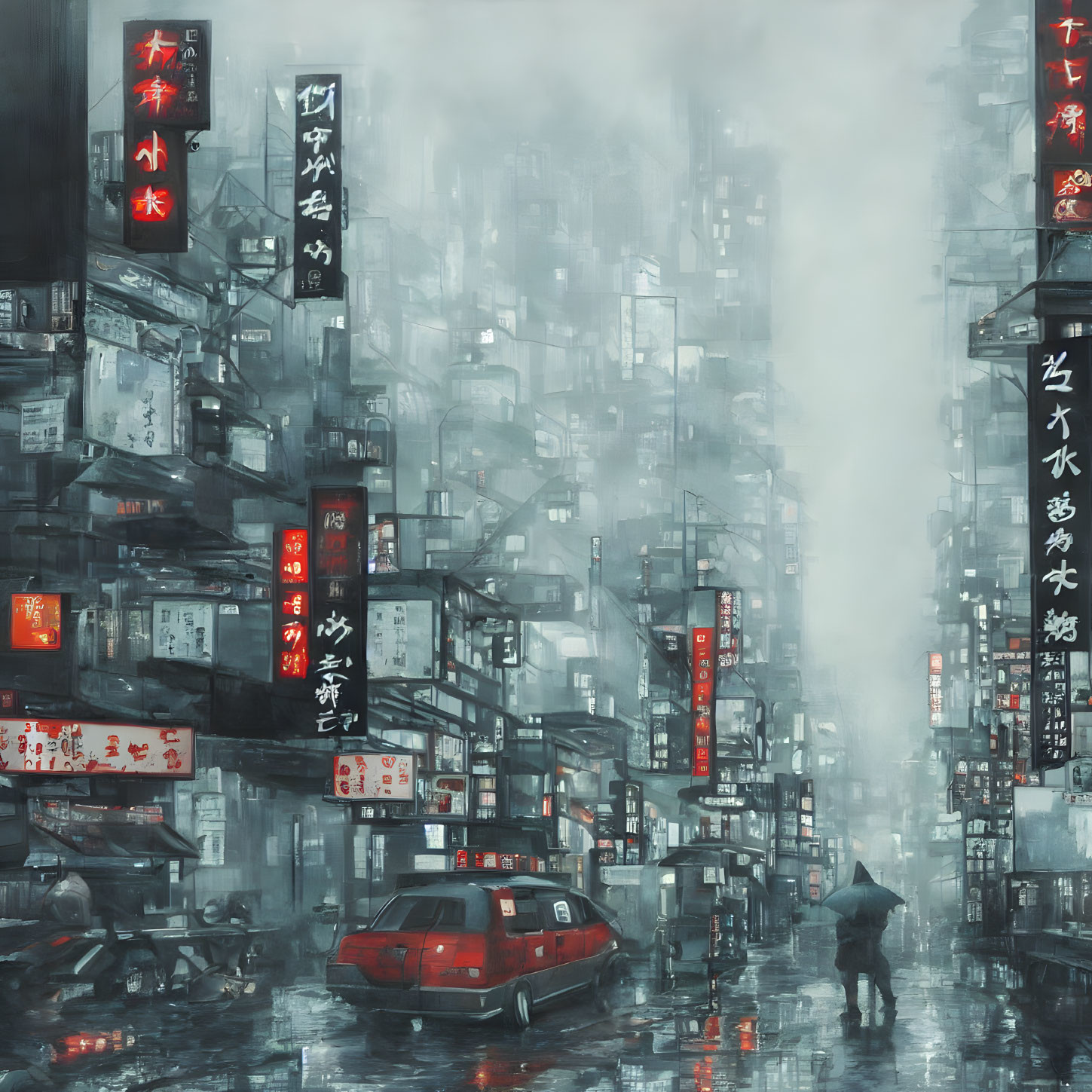 Cyberpunk cityscape in rain with neon signs, person with umbrella, red car