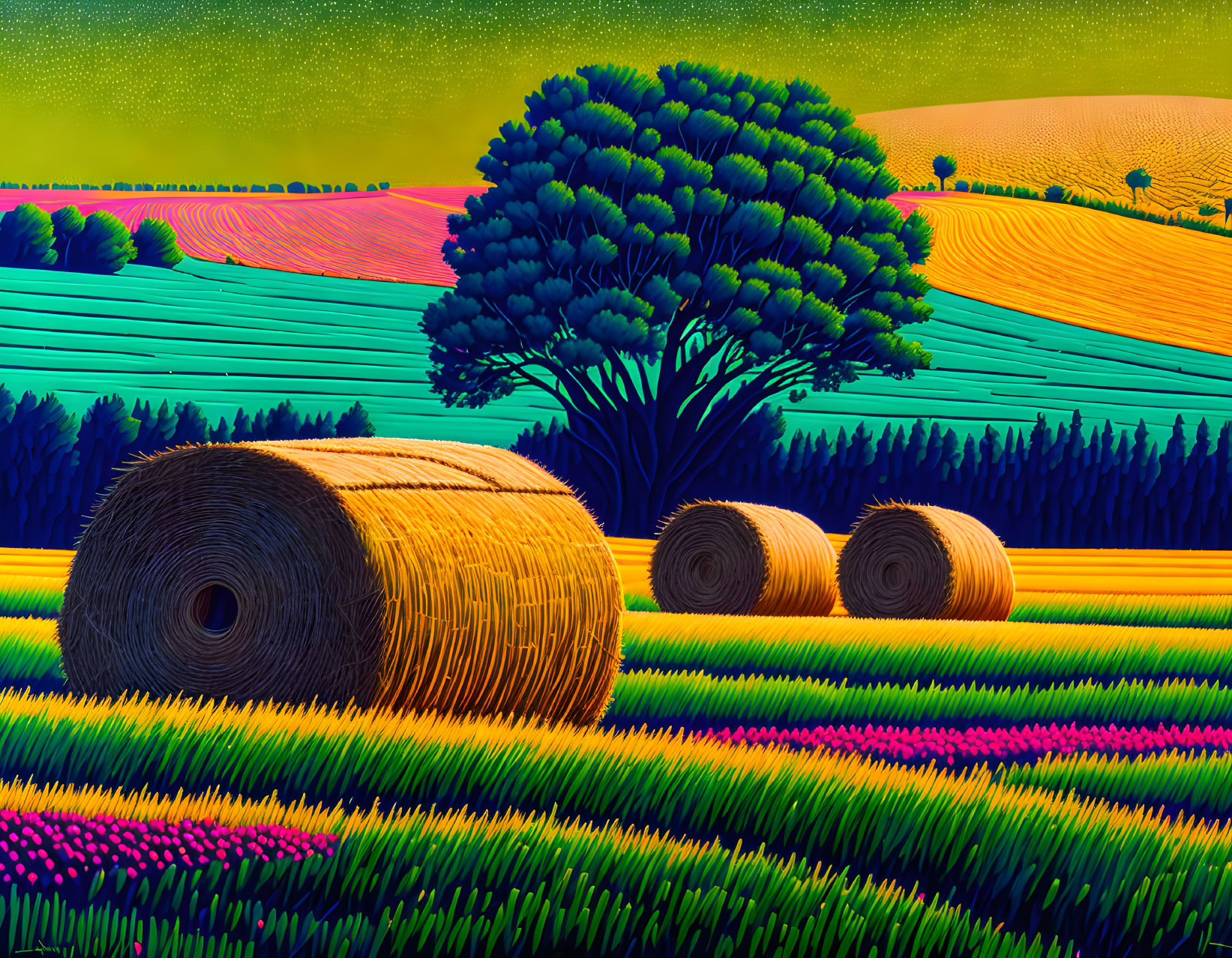 Colorful countryside landscape with patterned fields, hay bales, tree, and starry sky.