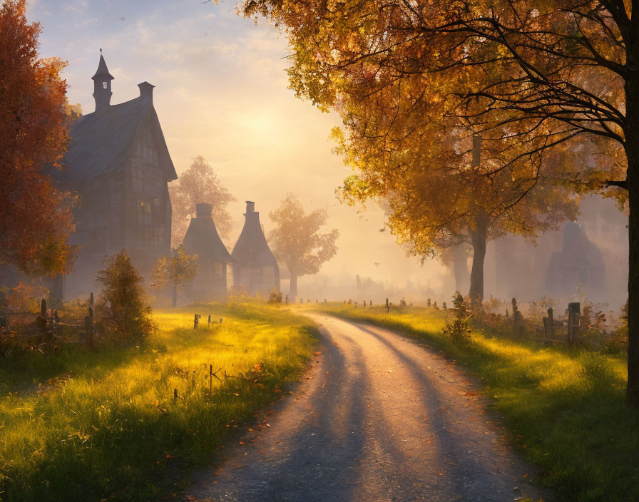 Golden sunrise over quaint autumn village with vintage cottages and steepled building.