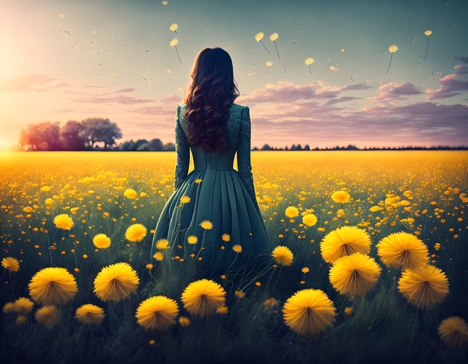 Woman in Green Dress Surrounded by Dandelions at Sunset