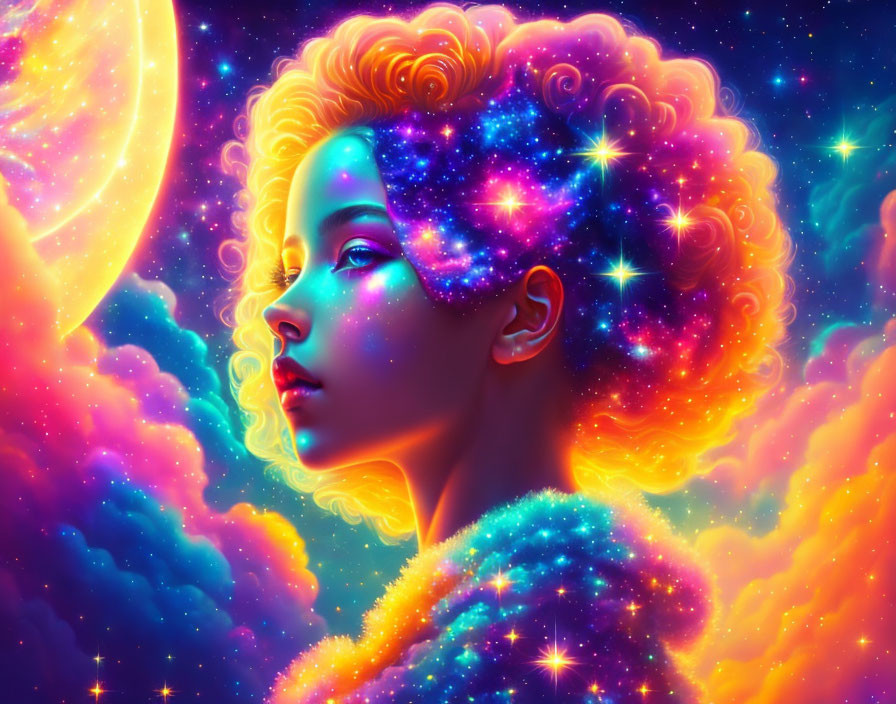 Colorful digital artwork: Curly hair figure merges with cosmic backdrop of stars, nebulae,