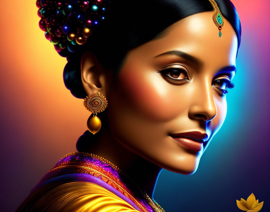 Vibrant digital portrait of woman in Indian attire on gradient backdrop