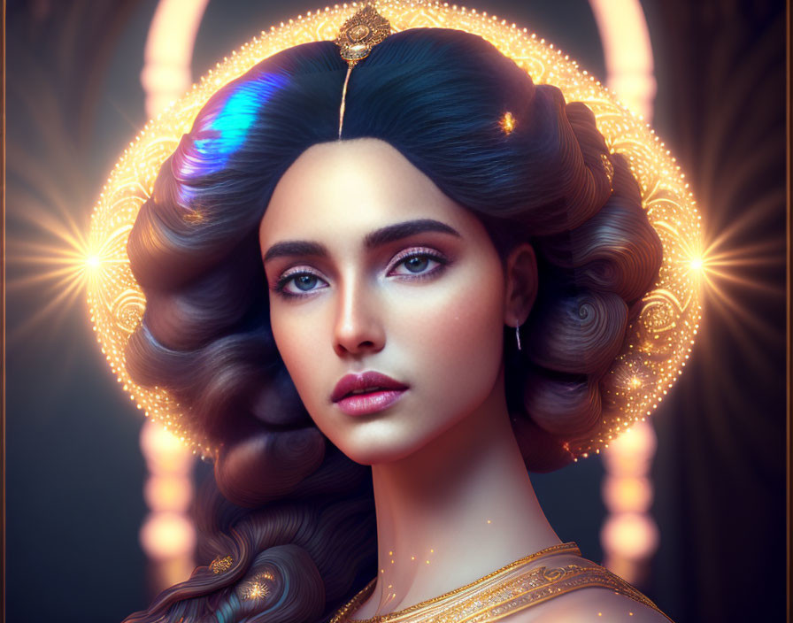 Digital portrait of a woman with radiant skin and intricate jewelry against a dark backdrop