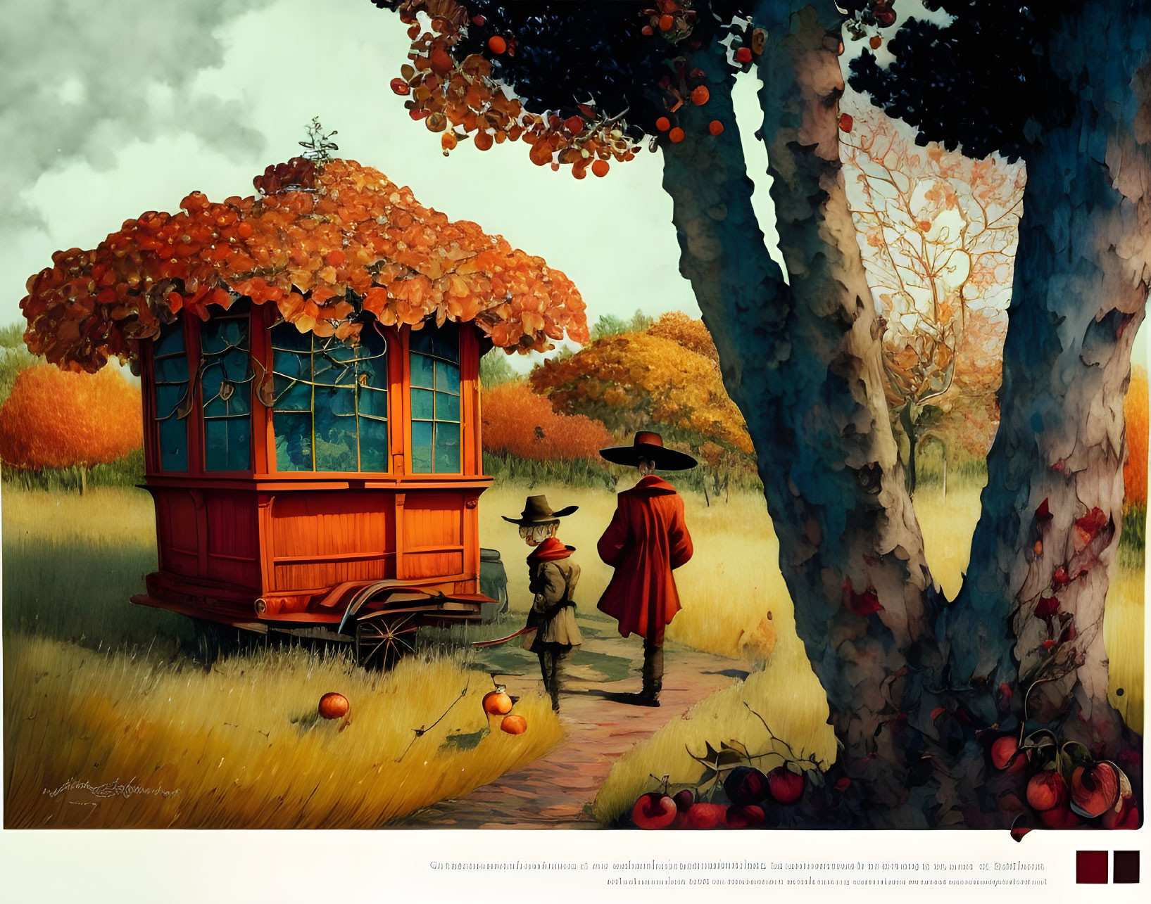 Autumn-themed artwork with figures, red cabin, trees, and fallen apples.