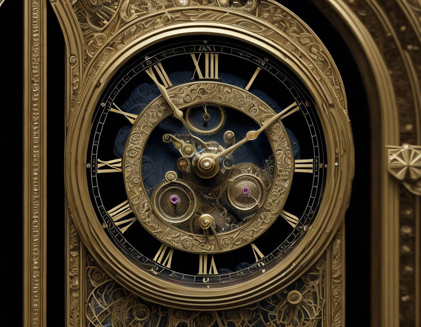 Golden ornate clock with Roman numerals and intricate gears on dark background