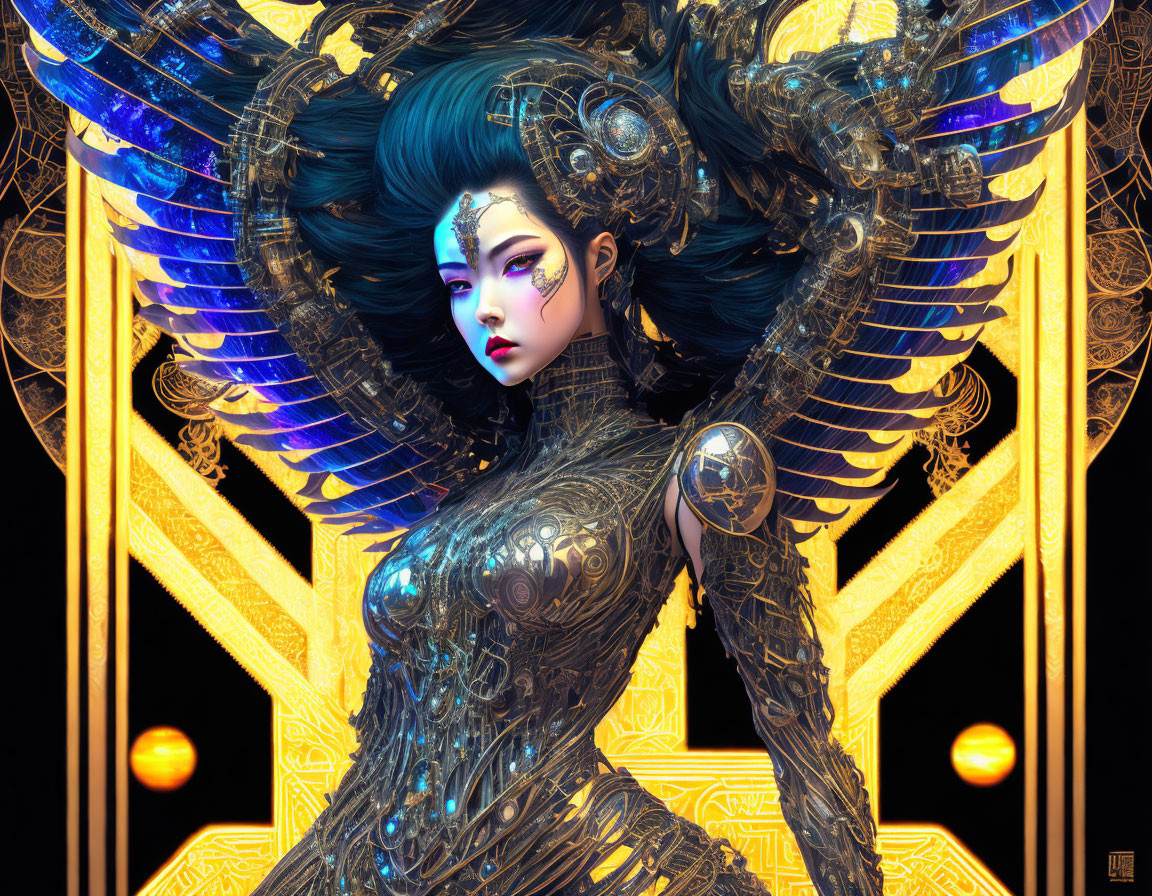 Digital artwork: Female figure with blue hair, gold and blue mechanical wings on dark background.