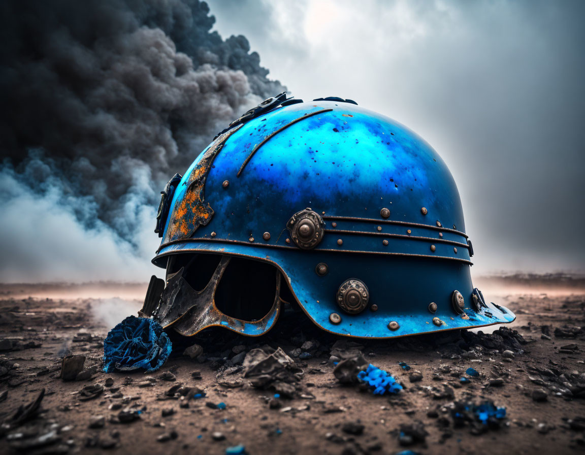 Weathered blue firefighter helmet on ground with billowing smoke background