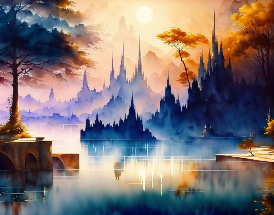 Vibrant sunset reflected in water with ethereal castles, silhouetted trees, and