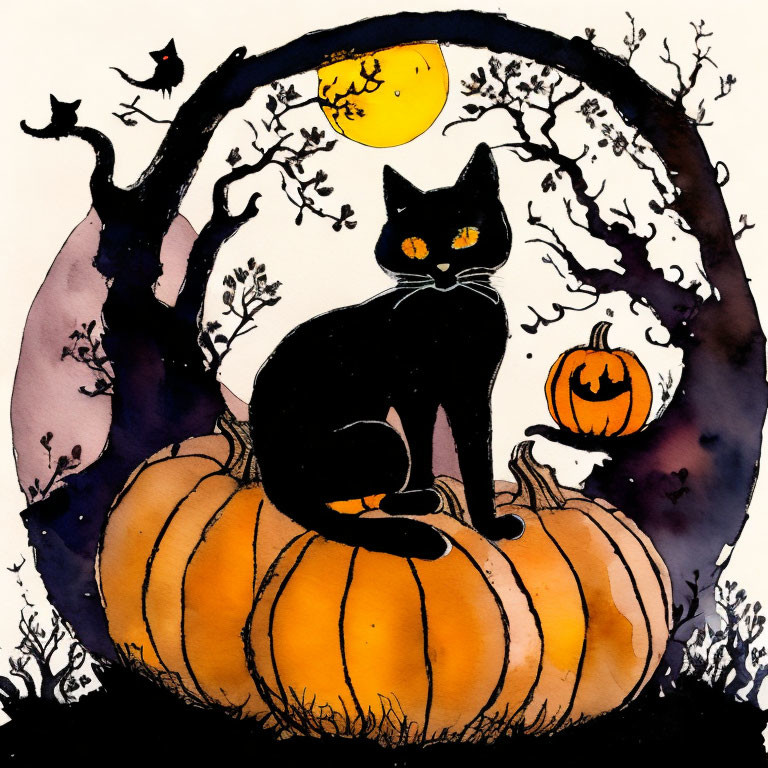 Black cat on pumpkin with full moon and bat illustration