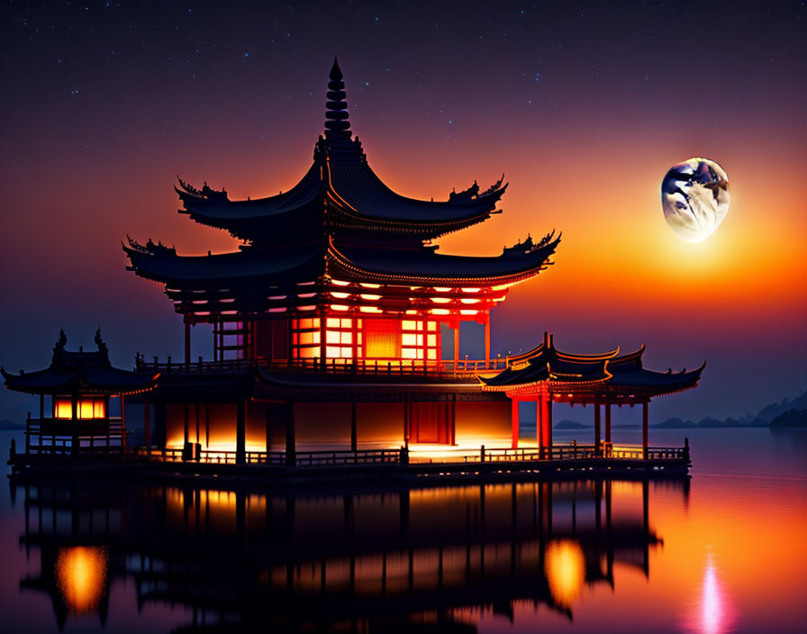 Asian Pagoda Illuminated at Twilight with Large Moon Reflecting on Water