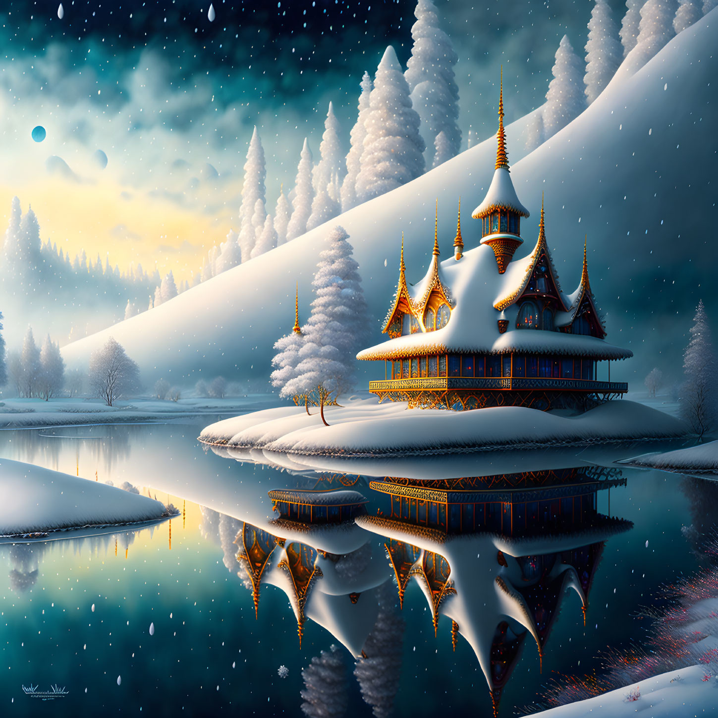 Snowy landscape: Ornate building by tranquil lake, pine trees, starry sky