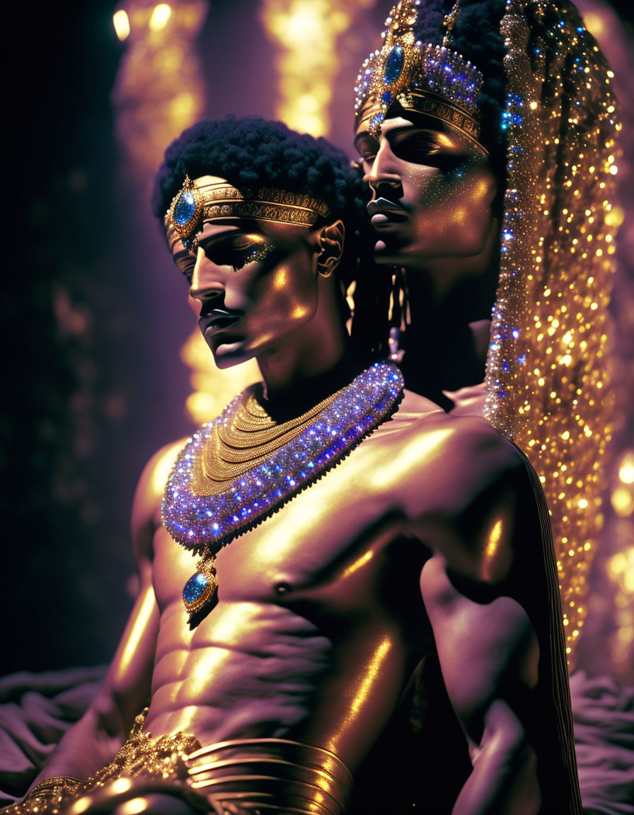 Elaborate Golden Headdresses and Jewelry on Two Individuals