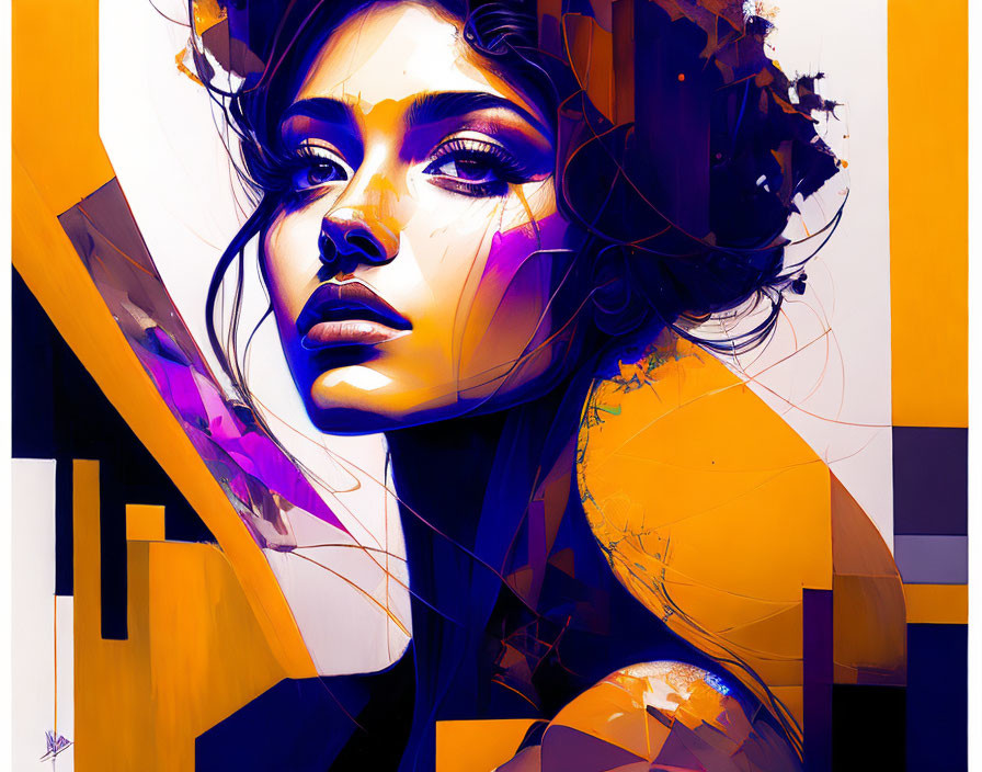 Colorful digital artwork: Woman's portrait with purple tones and abstract yellow, black geometric elements