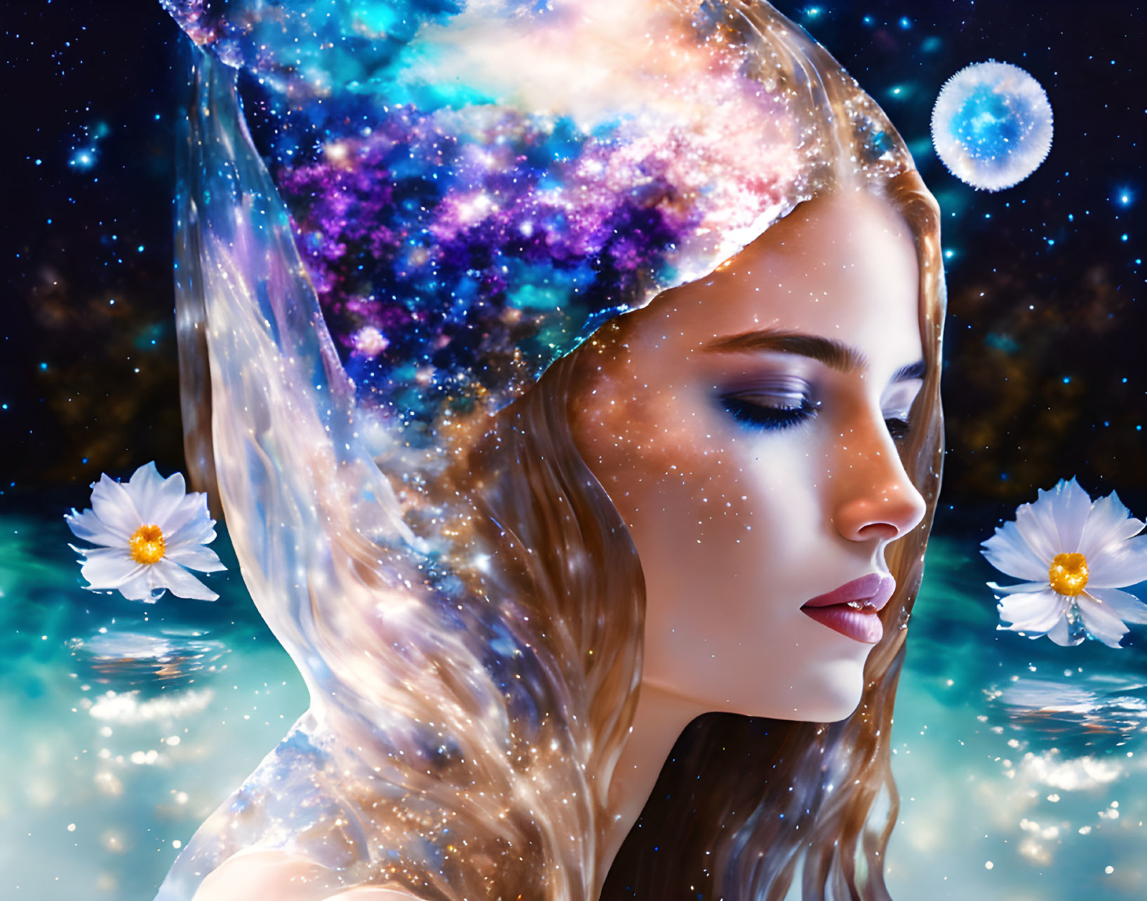 Surreal portrait blending woman with cosmic galaxy and daisies