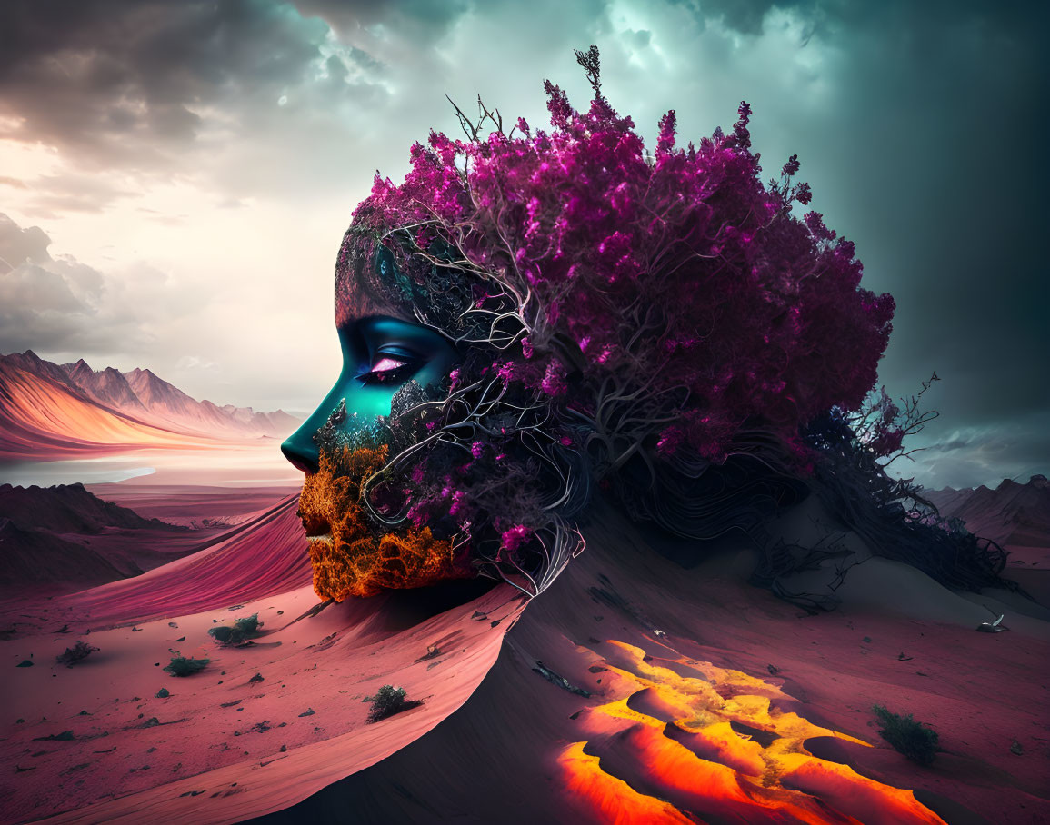 Surreal landscape with woman's face in nature scene