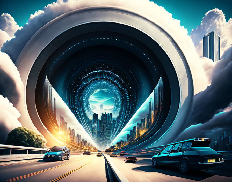 Futuristic cityscape with swirling sky and circular tunnel road leading to urban center.