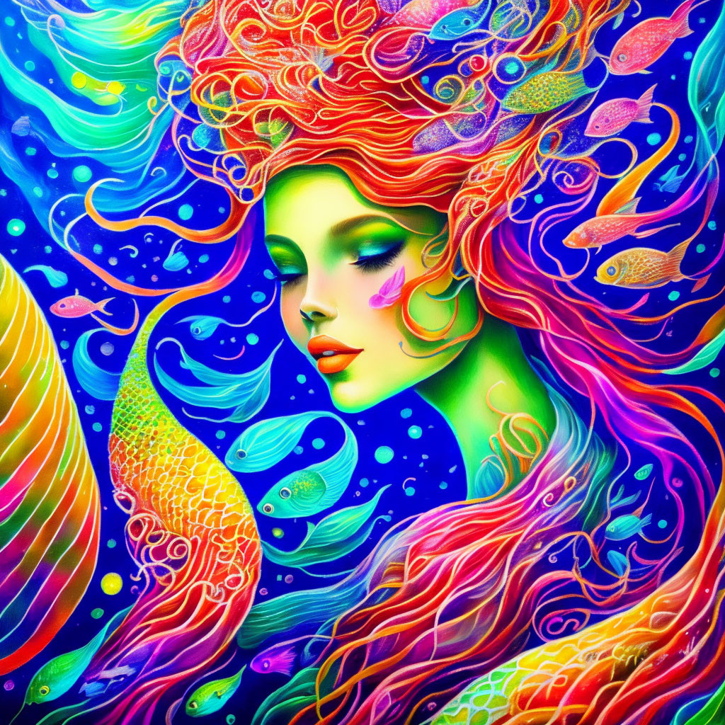 Colorful woman with flowing hair and fish in psychedelic art piece