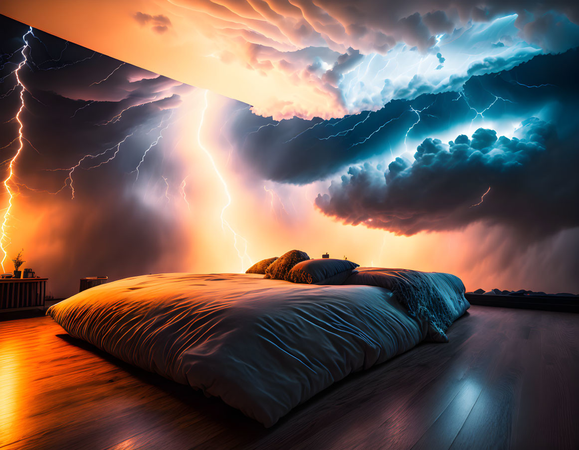 Bedroom with large bed under dramatic stormy sky and lightning strikes