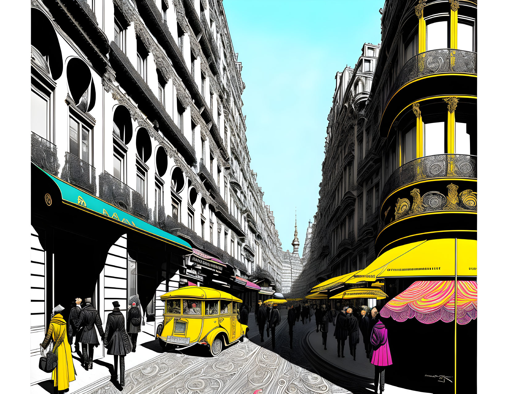 Monochrome vintage city street scene with yellow accents