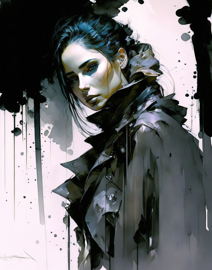 Monochromatic digital artwork of woman in black coat with dark hair