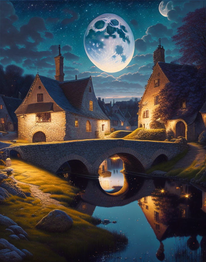 Village at Night: Stone Houses, Arched Bridge, Full Moon