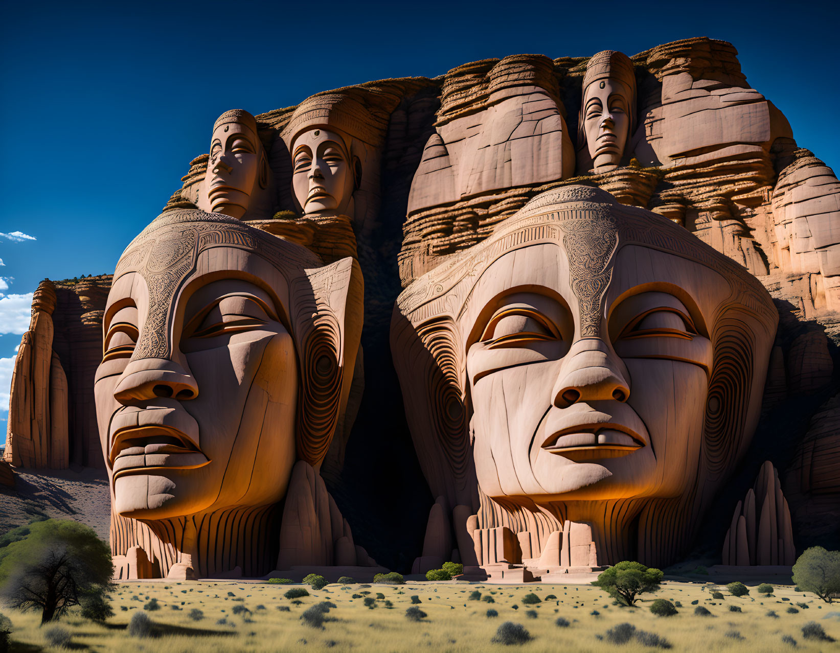 Massive Carved Wooden Heads in Desert Landscape