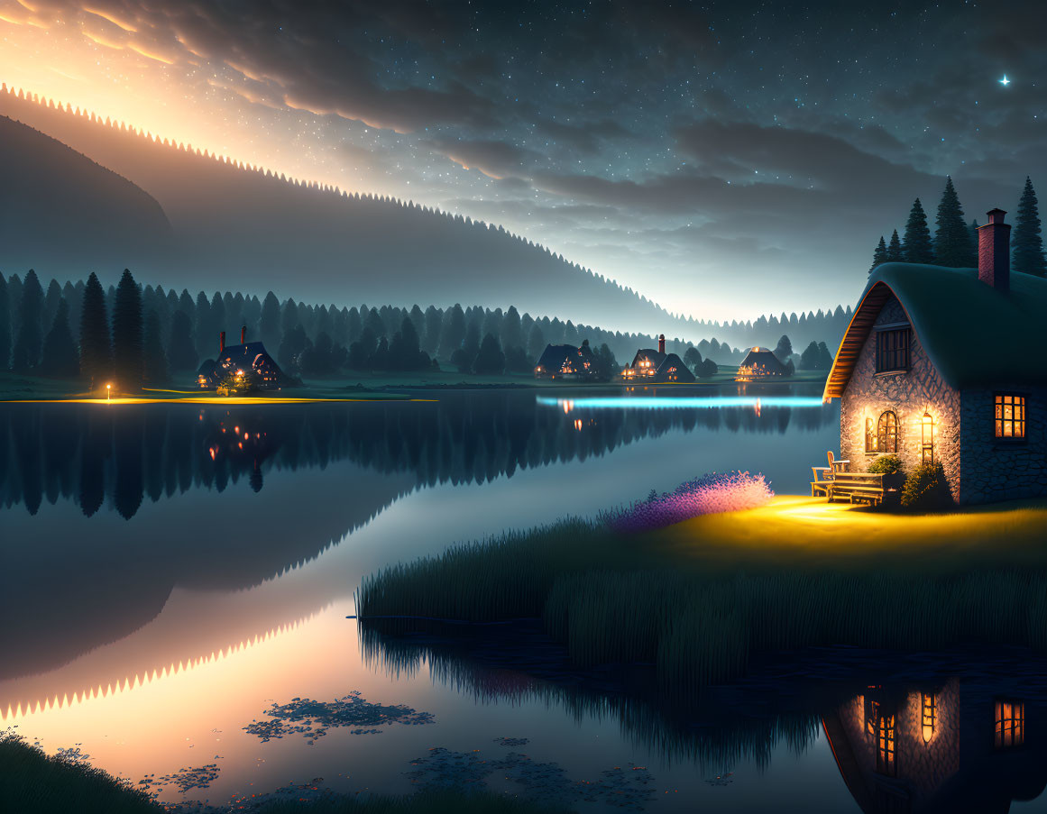 Tranquil lakeside cottage at night with forest and starry sky