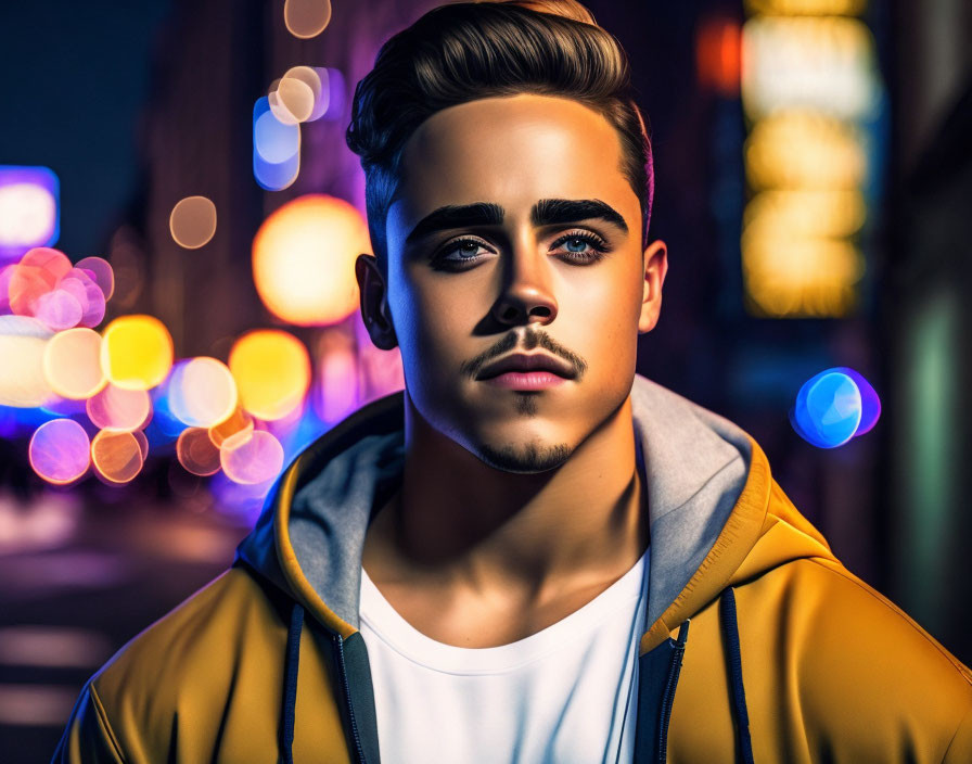 Portrait of a young man with stylish hair and beard in yellow hoodie against city night backdrop