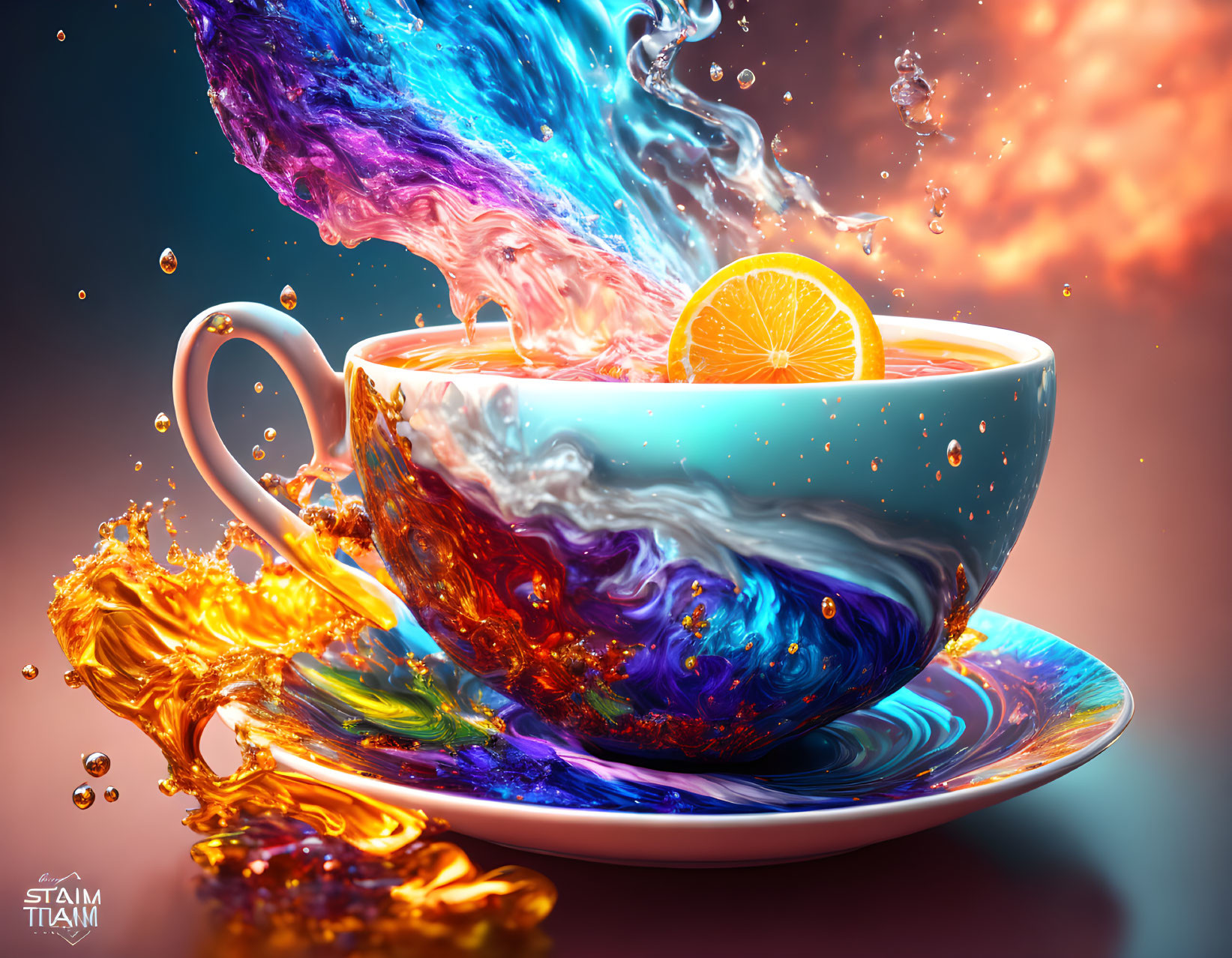 Colorful cup with swirling liquid and orange slice on bokeh background