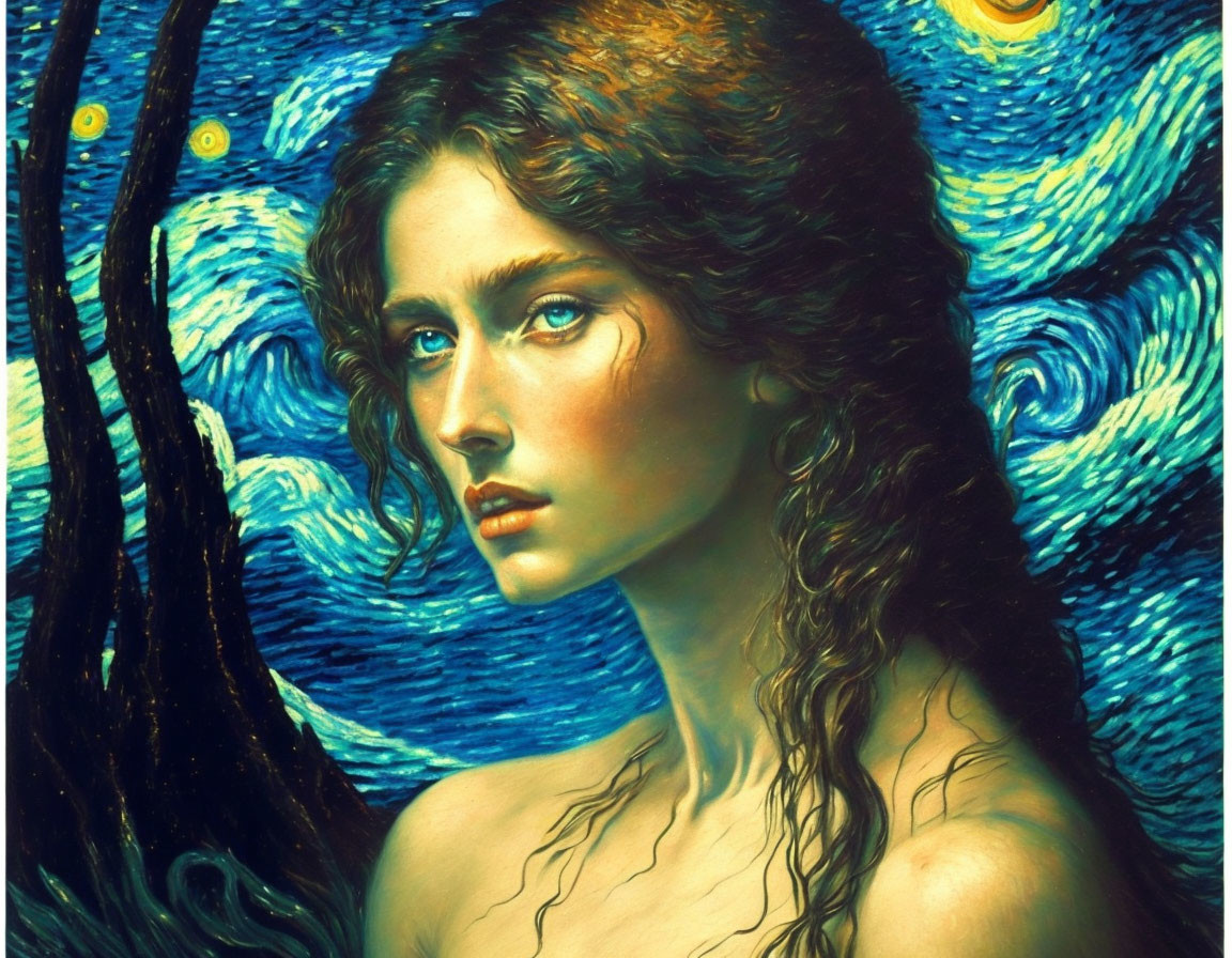 Woman with long curly hair in Van Gogh-esque setting with swirling blues and yellow.