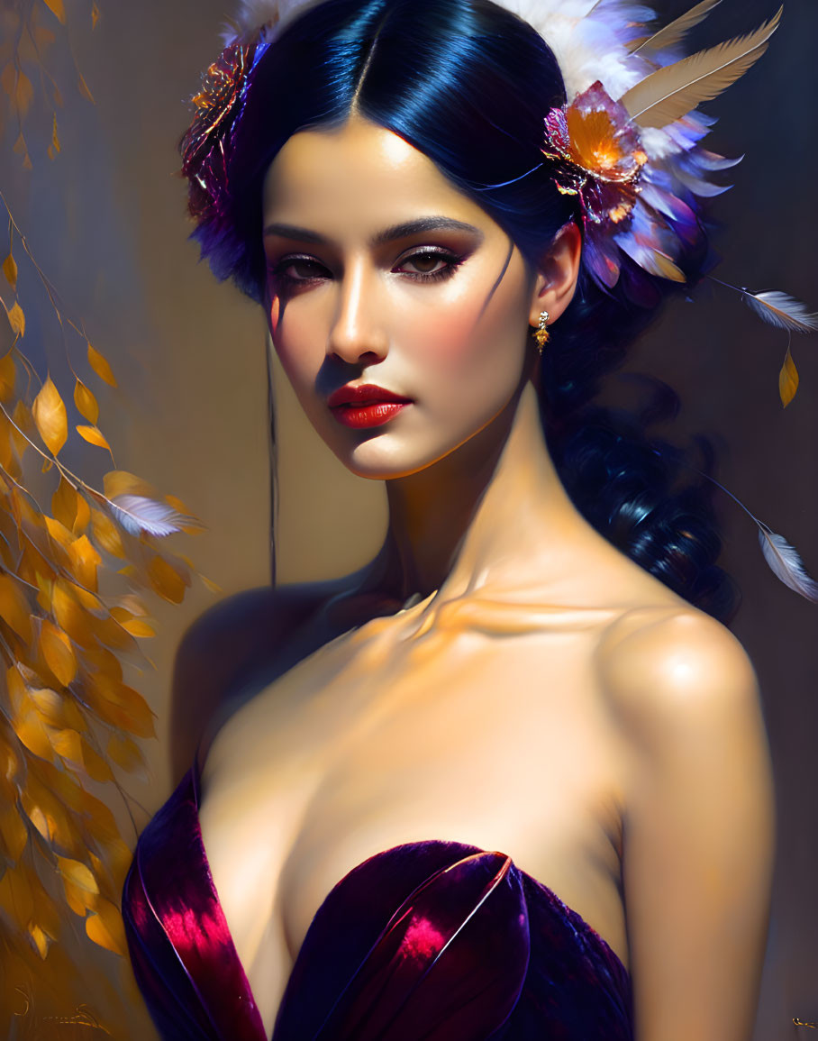 Digital Artwork: Woman with Striking Gaze, Feathers, Flowers, Red Garment