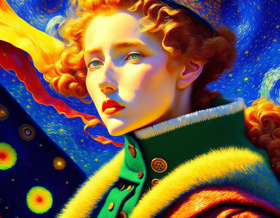 Person with flowing red hair in green coat under Van Gogh-inspired sky