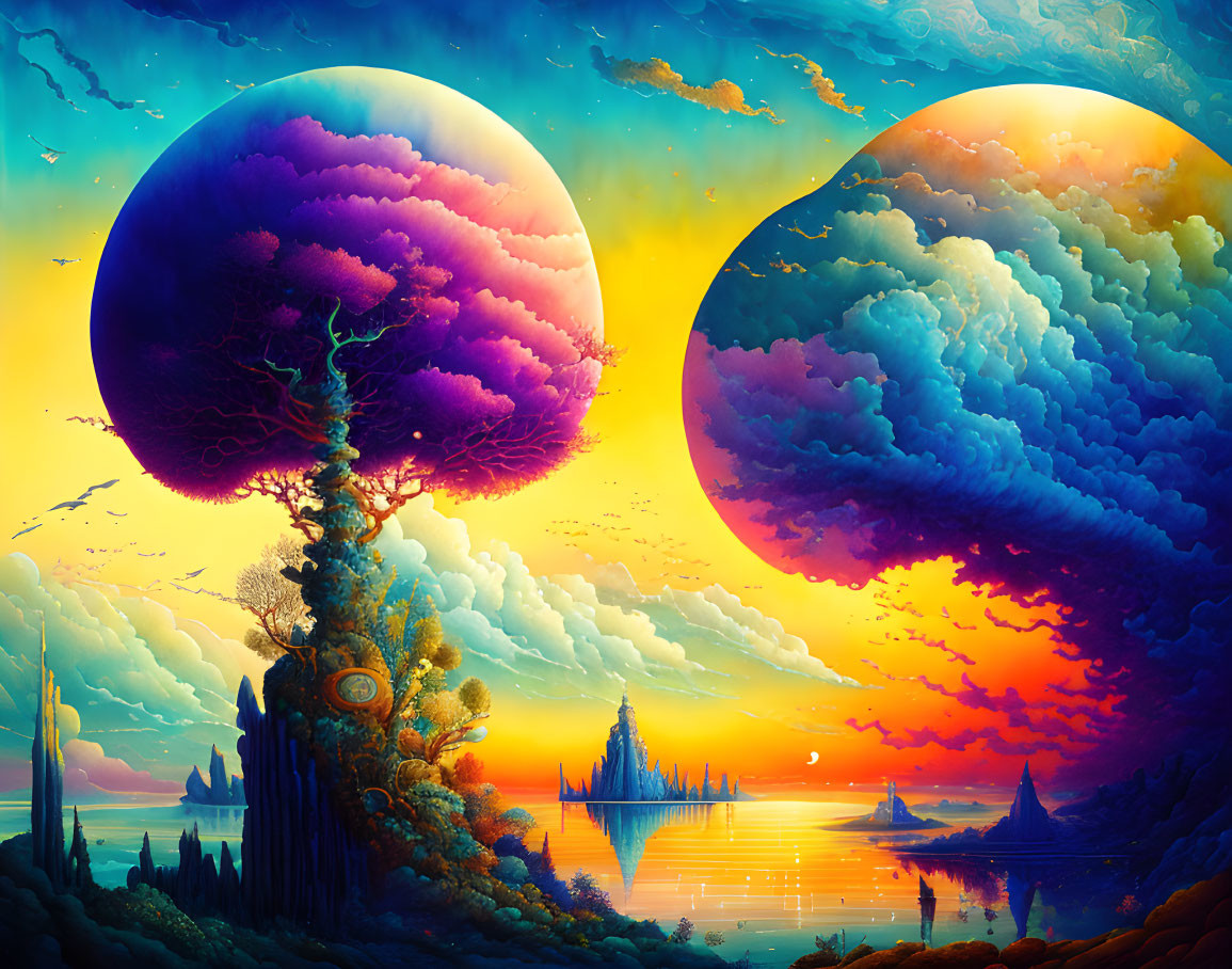 Surrealist landscape with spherical trees and colorful skies over water