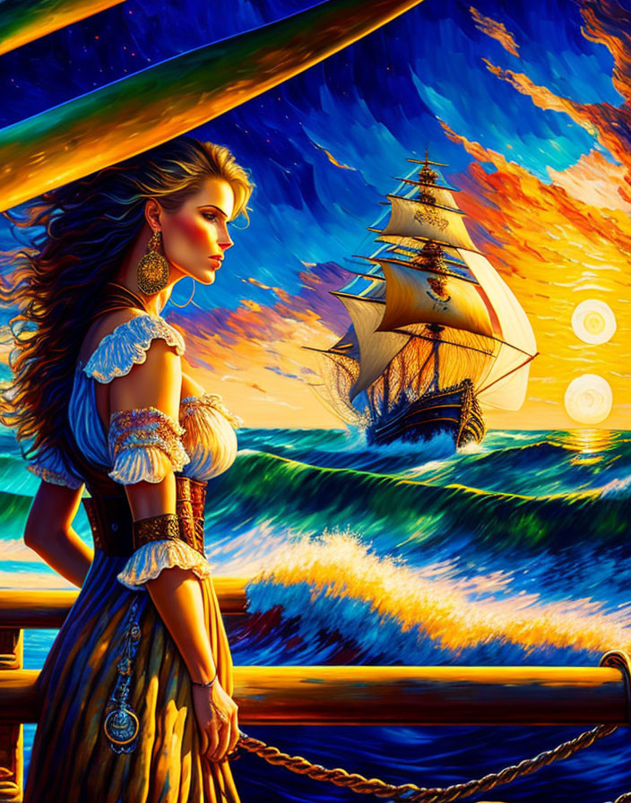 Historical painting: Woman in period attire viewing ship at sea under sunset.