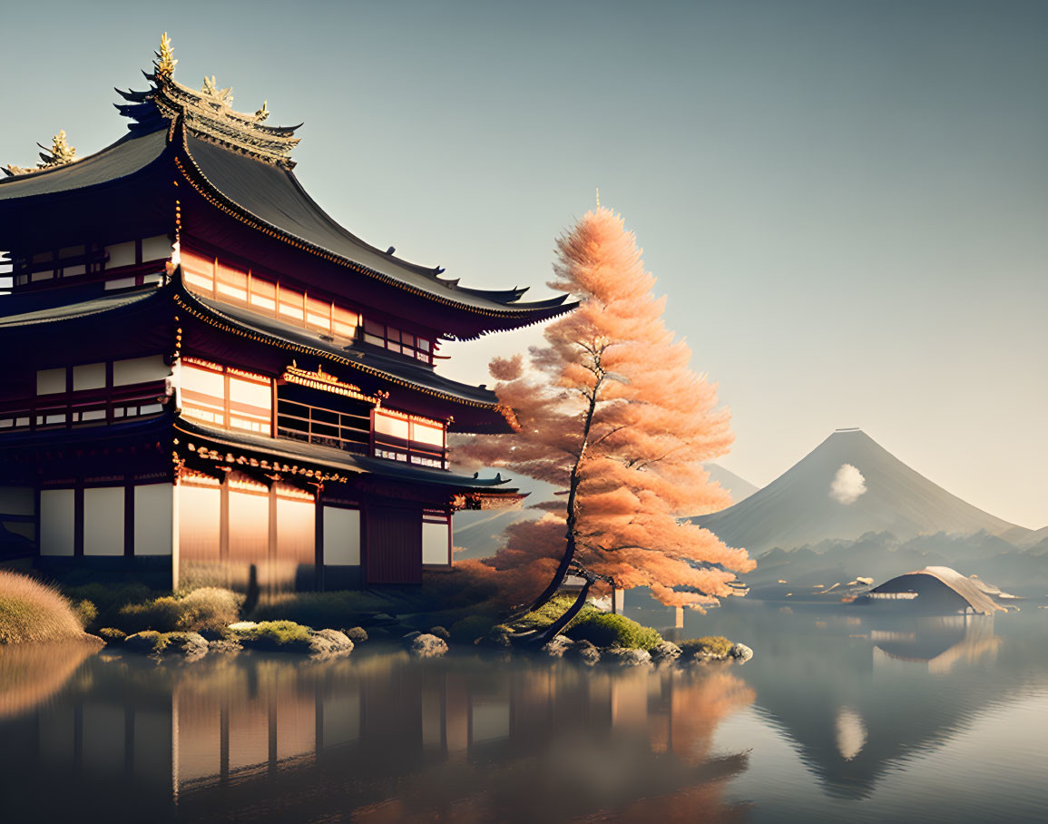 Japanese building near lake, pink tree, Mount Fuji at sunrise or sunset