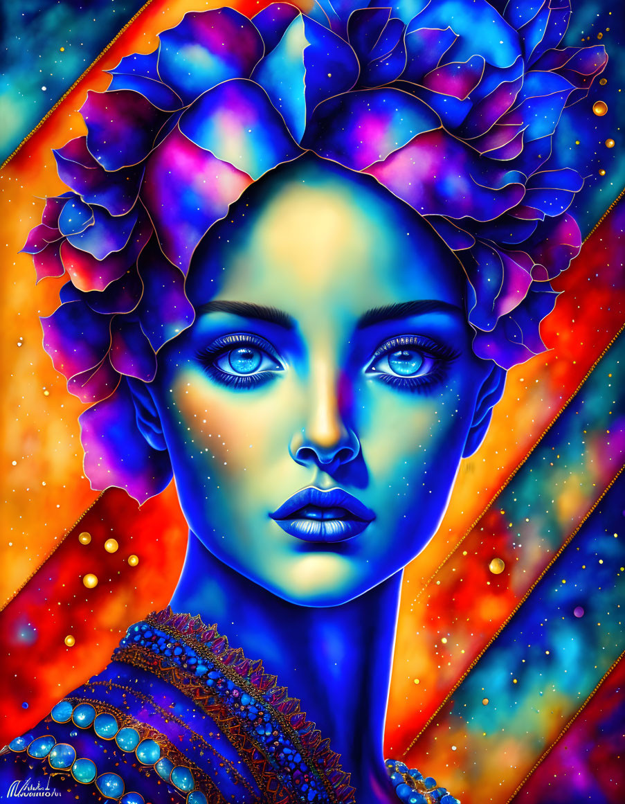 Woman's portrait with cosmic skin tones and floral headpiece on multicolored starry backdrop