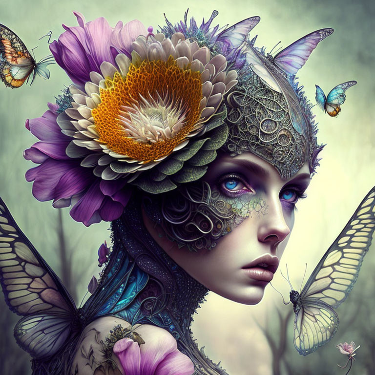 Fantastical female figure with floral headdress and butterfly wings