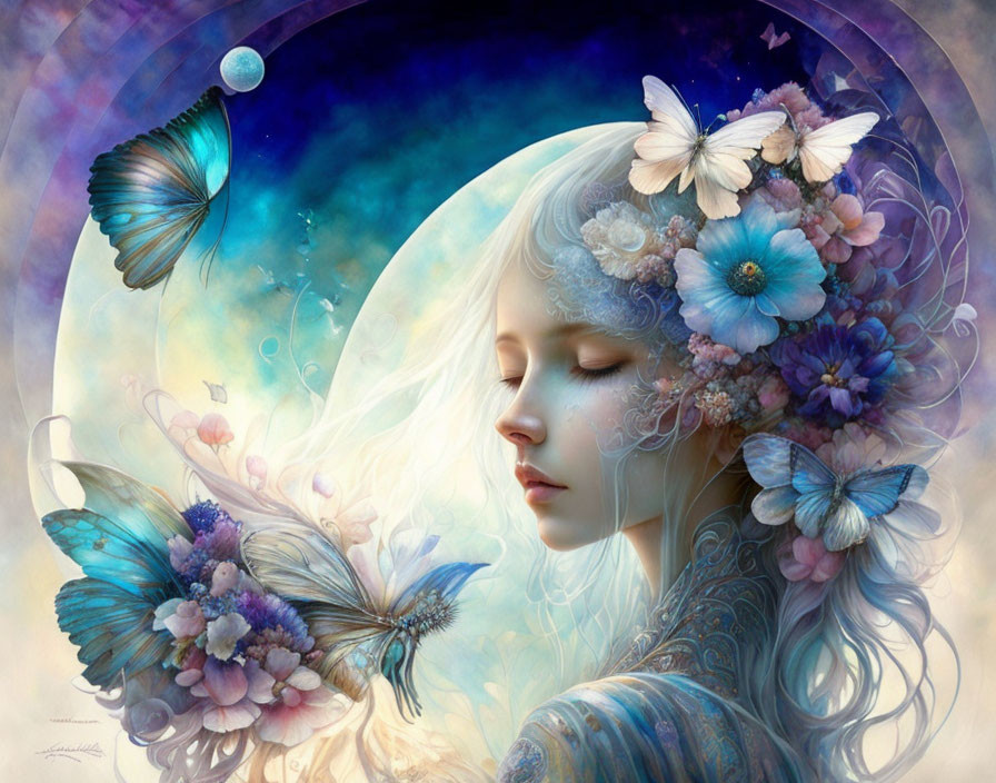 Ethereal female figure with flowers and butterflies in hair against crescent moon background