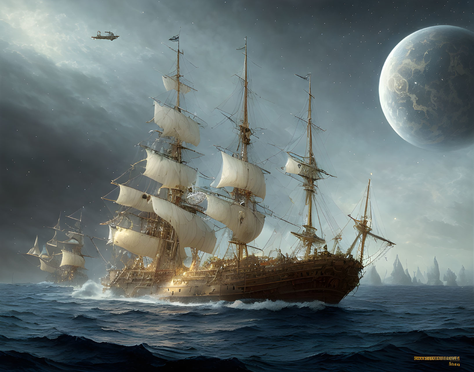 Majestic sailing ships on turbulent seas with surreal moon