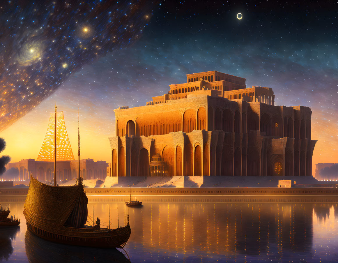 Ancient Mesopotamian ziggurat near river: night scene with starry sky, comet