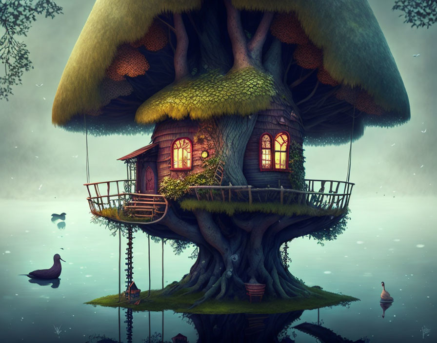 Thatched Roof Treehouse Over Twilight Pond